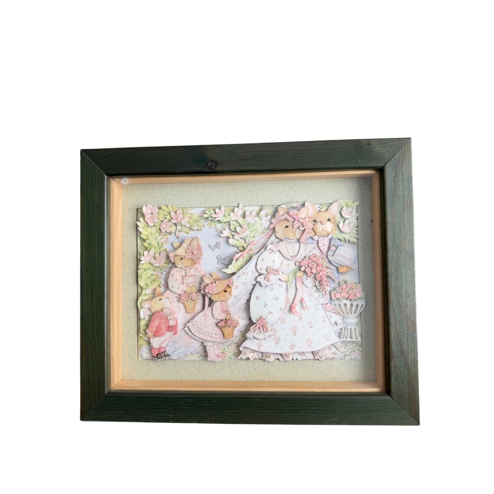 Vintage 3D Paper Shadow Box Bunny Wedding Green Wood Frame 14x11